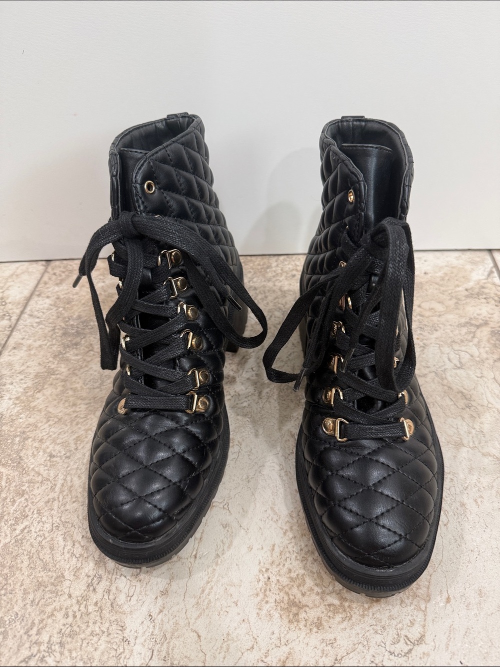 Forever 21 Black Quilted Lace-Up Ankle Boots with Gold Hardware - Picture 2 of 6